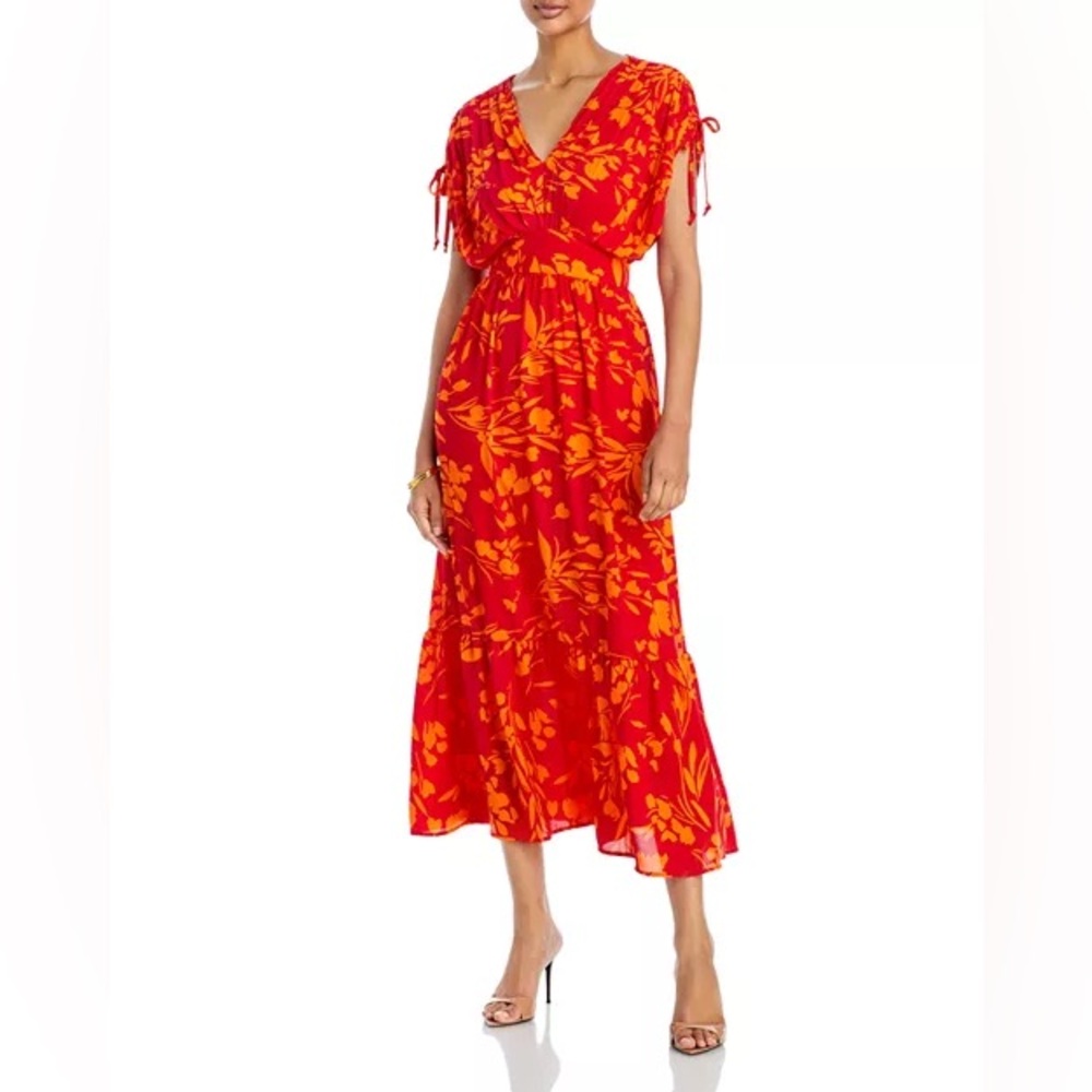 T Tahari Pink and Orange Floral Midi Dress